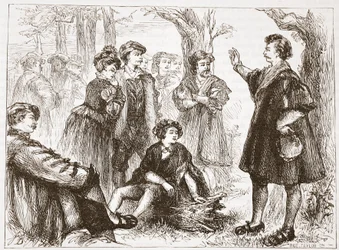 Un estudiante de Wittemberg predicando en el Prado de los Tilos, ilustración de La Historia del Protestantismo de James Aitken Wylie, pub. 1878