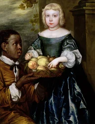 Una joven siendo ofrecida una cesta de frutas por un sirviente, c.1650