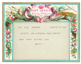 Telegrama de felicitación de cumpleaños, c.1950