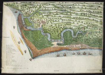 Una copia facsímil en color de una vista de pájaro o un gráfico de la costa de Suffolk desde Alderton hasta Aldborough, incluido Orford Ness (vitela)