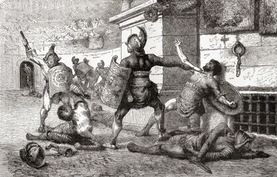 Un combate entre gladiadores en la antigua Roma, de la Historia Ilustrada del Mundo de Ward y Lock, pub. c.1882