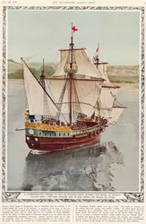 Un tributo conmemorativo a uno de los grandes marineros de Gran Bretaña: el modelo del Golden Hind de Drake, el primer barco inglés en dar la vuelta al mundo en 1577-80, de The Illustrated London News Royal Naval and Military Review Number
