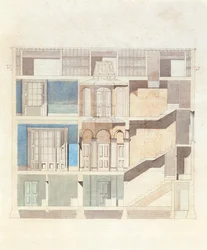 Diseño de sección transversal para el interior de una casa de ciudad clásica, c.1840