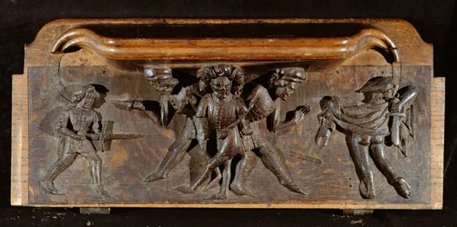 Una misericordia dañada que representa a tres hombres luchando con dagas y espadas, Capilla del New College, Oxford, finales del siglo XIV (madera)