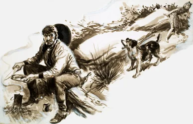 Un perro ladra a un vaquero que come comida