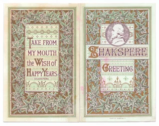 Portada y contraportada de una tarjeta de felicitación victoriana con una imagen de William Shakespeare, c.1880