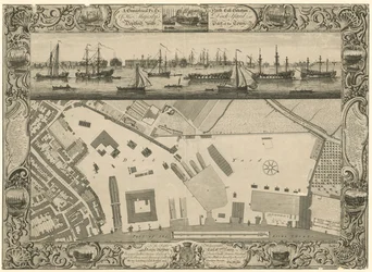 Plano Geométrico y Elevación Noreste del Astillero de Su Majestad en Deptford con Parte de la Ciudad