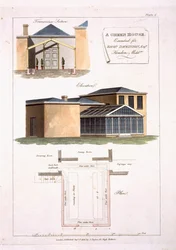 Un invernadero con detalles góticos adjunto a una casa de estilo neoclásico para Richard Dickinson Esq en Hendon, Middlesex, 1806