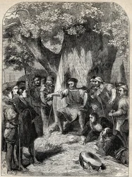 Un grupo de disidentes en Norfolk durante la rebelión de Robert Kett en 1549. Grabado de "History of England".