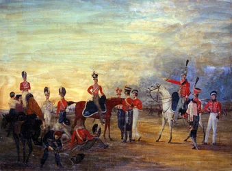 Un grupo de oficiales y hombres montados y desmontados de la Caballería de Yorkshire en varios uniformes, c.1820