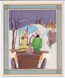 Tarjeta de Navidad Francesa Pochoir coloreada a mano de una pareja de Rencecy en un carruaje abierto atravesando la nieve, circa 1920