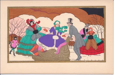 Tarjeta de Navidad francesa a color de patinadores victorianos con un trineo, circa 1920