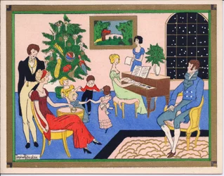 Tarjeta de Navidad francesa pochoir coloreada a mano de una fiesta navideña de familias de la Regencia, con baile y entretenimiento musical, c.1920