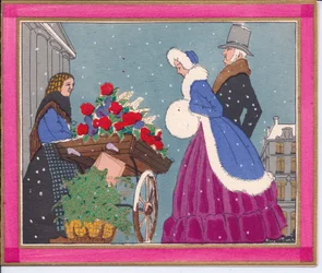Tarjeta navideña francesa pochoir coloreada a mano de una vendedora de flores victoriana, mostrando su carretilla de rosas a los transeúntes, circa 1920