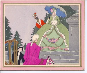 Tarjeta navideña francesa al pochoir coloreada a mano con un hombre empelucado que baja de una silla de manos y es recibido por una dama con un abrigo forrado de piel de armiño junto a su sirvienta negra, hacia 1920