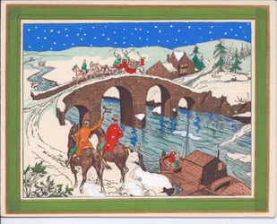 Tarjeta navideña francesa Pochoir coloreada a mano de un carruaje tirado por caballos cruzando un puente y un jinete levantando su sombrero en saludo, circa 1920