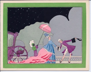 Tarjeta navideña francesa Pochoir coloreada a mano, con un cortesano inclinándose ante una gran dama acompañada por su sirviente negro que sostiene un paraguas para protegerla de la nieve, hacia 1920