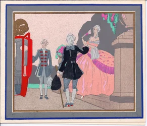 Tarjeta navideña francesa Pochoir coloreada a mano de una gran dama a punto de entrar en su carruaje, cuya puerta está siendo sostenida por un lacayo, circa 1920