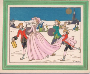Tarjeta navideña francesa pochoir coloreada a mano de una dama en un vestido rosa patinando sobre hielo con asistentes sosteniendo una linterna y su cola, circa 1920