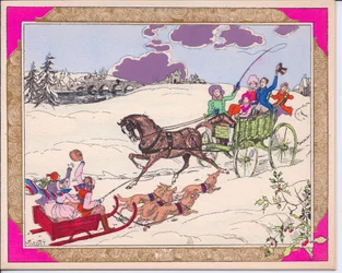 Tarjeta navideña francesa Pochoir coloreada a mano de un trineo con niños siendo tirado por perros y un carro tirado por caballos cruzando un paisaje nevado, circa 1920