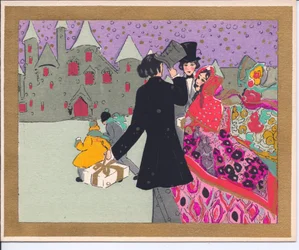 Tarjeta navideña francesa a color de invitados caminando hacia un castillo para una fiesta, circa 1920
