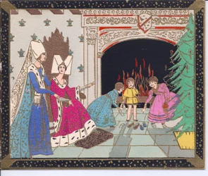 Tarjeta de Navidad Francesa Pochoir a Mano de Damas Medievales con Sombreros de Mariposa y Niños frente a una Gran Chimenea Calentando sus Zapatos, circa 1920
