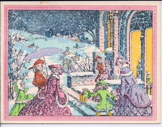 Tarjeta navideña francesa pochoir coloreada a mano de asistentes a una fiesta llegando a una mansión en la nieve, circa 1920