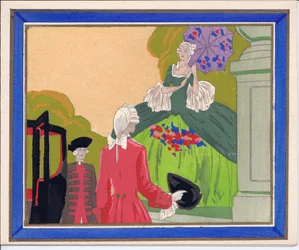 Tarjeta de felicitación Pochoir francesa coloreada a mano de un hombre con peluca y un lacayo que esperan a que una gran dama entre en su carruaje, hacia 1920 (plantilla).
