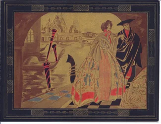 Tarjeta de felicitación francesa pochoir coloreada a mano de una escena veneciana, circa 1920