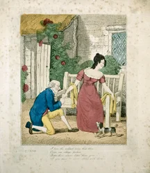 Escena litografiada a mano de un hombre proponiendo, c.1800
