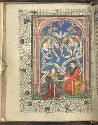 Un alumno arrodillado, quizás representando al autor, Norton, recibiendo un libro de su maestro, con ángeles, pergaminos escritos y una paloma arriba. Ordinal de la Alquimia. Thomas Norton cuarto cuarto del siglo XV