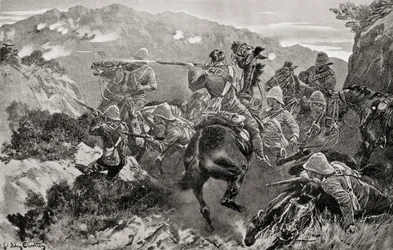Un piquete del 13º de Húsares sorprendido cerca del río Tugela, en Hussar Hill, provincia de KwaZulu-Natal, durante la segunda guerra bóer, de "South Africa and the Transvaal War", de Louis Creswicke, publicado en 1900 (litografía).
