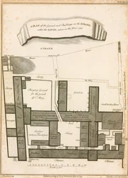 Un plano del terreno y edificios en el Strand llamado Savoy, tomado en el año 1736