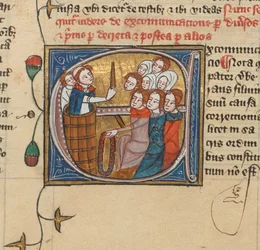 Un sacerdote excomulga a la gente levantando una vela, Real MS 6 E VII, f.75v (vitela)
