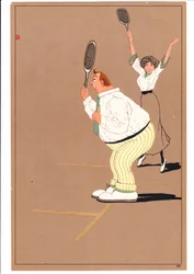 Impresión de dos jugadores de tenis en posturas cómicas y humorísticas, c.1920