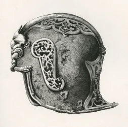 Un sallet, también conocido como salade o casco de guerra schaller, 1450 d.C., de The British Army: Its Origins, Progress and Equipment, publicado en 1868.