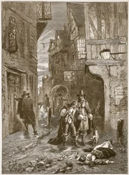 Una calle en Londres durante la Gran Plaga, ilustración de Cassells Illustrated History of England