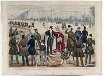 Una vista en Regents Park, Londres, mostrando las modas de invierno en 1840 y 1841, publicada por B.Read & Co, 1840