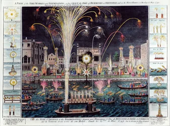 Vista de los fuegos artificiales y las iluminaciones en la residencia de Su Gracia el duque de Richmond, en Whitehall y sobre el río Támesis, el lunes 15 de mayo de 1749