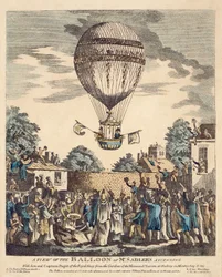 Vista del globo del Sr. Sadler ascendiendo con él y el Capitán Paget de la Marina Real desde los jardines de la Taberna Mermaid en Hackney el lunes 12 de agosto.