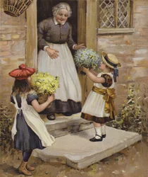 Una mujer observando mientras dos niñas le presentan flores