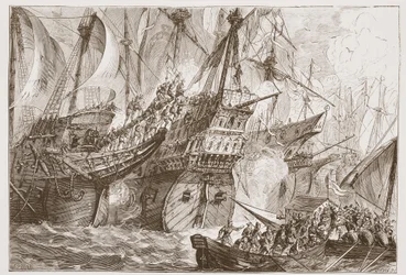 Acción entre la flota española y los barcos de los Mendigos del Mar, ilustración de La Historia del Protestantismo de James Aitken Wylie (1808-1890), pub. 1878