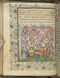 Añadir 10302 fol.32v Los alquimistas Geber (800 o 900 d. C.), Arnoldo de Villanova, Rhasis y Hermes Trismegistus, de 