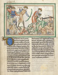 Añadir 35166 f.35 Gente siendo asesinada, escenas bíblicas del Apocalipsis de San Juan, Apocalipsis en latín con comentario (tinta y color sobre vitela)