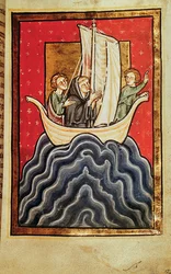 Añadir 39943 f.2b San Cuthbert y dos de los hermanos que regresan del país de los pictos, de "Vida y milagros de San Cuthbert" de Bede, latín (Durham) (vitela)