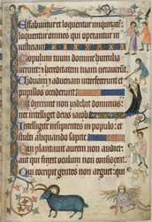 Add. 42130, f.169, Salmo 93, escenas de asesinato, del Salterio de Luttrell, hacia 1325-35