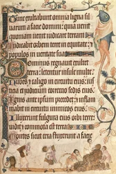 Añadir 42130 f.173 Apilando gavillas de maíz, del Salterio de Luttrell, iniciado antes de 1340 para Sir Geoffrey Luttrell (1276-1345) (vitela)