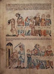 Añadir 47682 f.21v Salomé bailando ante Herodes y la muerte de Juan el Bautista, de la "Biblia de Holkham", c.1320-30 (vitela)