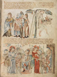 Agregar. 47682, f.30, Judas devuelve las treinta piezas de plata; la muerte de Judas; Cristo ante Pilato y ante Herodes, del Libro ilustrado de la Biblia de Holkham, c.1320-30 (vitela)