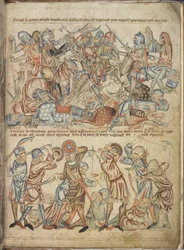 Añadir 47682 f.40 Pares y plebeyos luchando en la batalla de Bannockburn, de la "Biblia de Holkham", c.1320-30 (vitela)